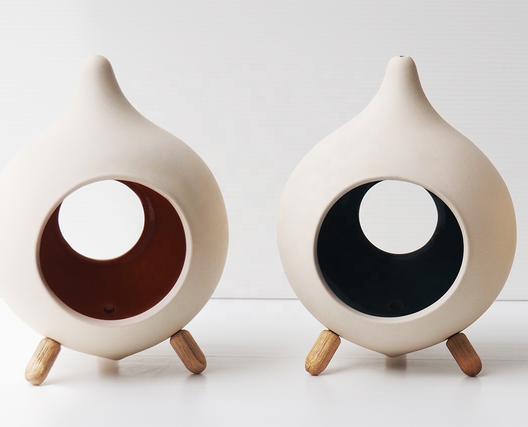 Handmade Modern Ceramic Tea Light Holder with wooden legs in Drop shape for home decoration